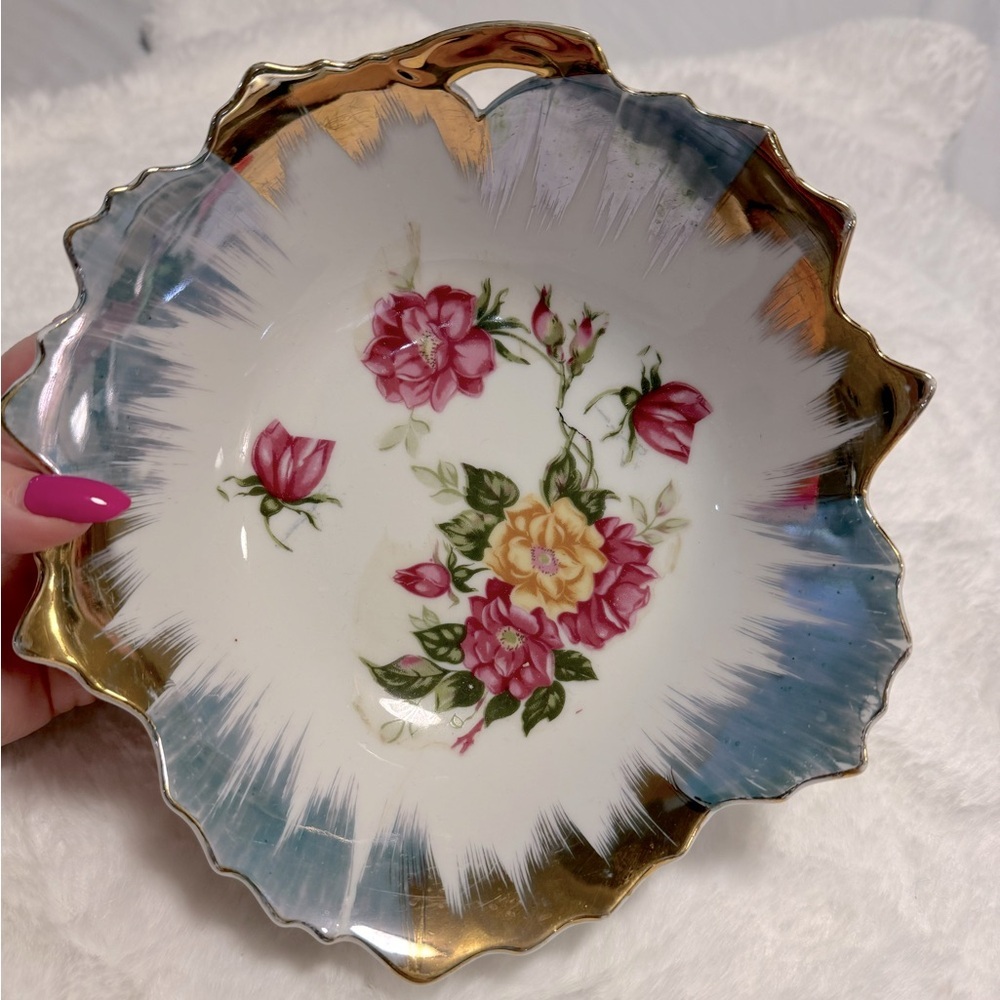 Trimont Ware Floral Gold Trim Hand Painted Bowl Trinket Coffee Table DishVintage